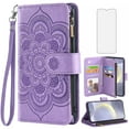 thumbnail image 1 of Compatible with Samsung Galaxy S24 Plus/S25 Plus S24+ S25+ 5G Wallet Phone Case and Tempered Glass Screen Protector Flower Faux Leather Flip Credit Card Holder Stand Zipper Cell Cover Women Purple, 1 of 9