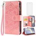thumbnail image 1 of Compatible with Samsung Galaxy S24 Plus/S25 Plus S24+ S25+ 5G Wallet Phone Case and Tempered Glass Screen Protector Flower Faux Leather Flip Credit Card Holder Stand Zipper Cell Cover Women Pink, 1 of 9