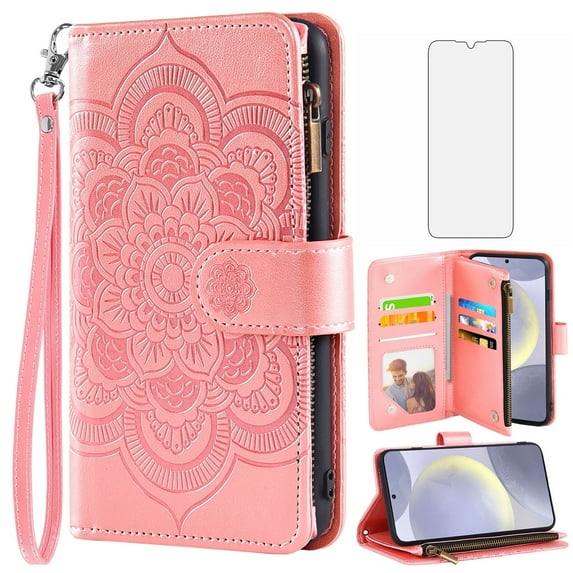 Compatible with Samsung Galaxy S24 Plus/S25 Plus S24+ S25+ 5G Wallet Phone Case and Tempered Glass Screen Protector Flower Faux Leather Flip Credit Card Holder Stand Zipper Cell Cover Women Pink