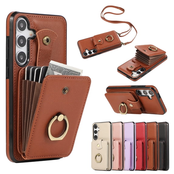 Compatible with Samsung Galaxy S24 Plus Wallet Case, PU Leather Case with Card Holder, 360° Rotation Ring Kickstand, Shoulder Strap, Magnetic Snap Protective Case Designed for S24 Plus, Brown