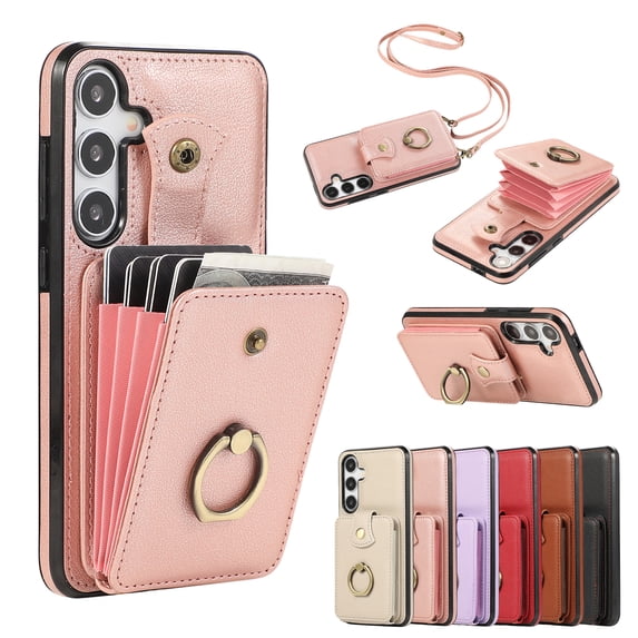 Compatible with Samsung Galaxy S24 Plus Wallet Case, PU Leather Case with Card Holder, 360° Rotation Ring Kickstand, Shoulder Strap, Magnetic Snap Protective Case Designed for S24 Plus, Rosegold