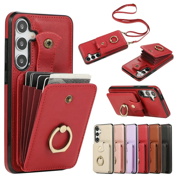 Compatible with Samsung Galaxy S24 Plus Wallet Case, PU Leather Case with Card Holder, 360° Rotation Ring Kickstand, Shoulder Strap, Magnetic Snap Protective Case Designed for S24 Plus, Red