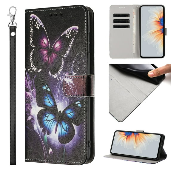 Compatible with Samsung Galaxy S24 Plus Wallet Case for Women Girls, Garden Flower Pattern Design PU Leather Flip Cover with Card Holder Kickstand Wrist Strap Protective Case, Two Butterflies