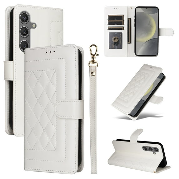 Compatible with Samsung Galaxy S24 Plus Wallet Flip Case, Durable Soft TPU + PU Leather 3 Card Slots and 1 Cash Pocket Wrist Strap Magnetic Kickstand Elegant Case for Galaxy S24 Plus, White