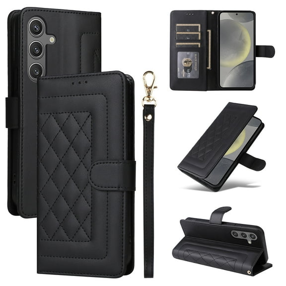Compatible with Samsung Galaxy S24 Plus Wallet Flip Case, Durable Soft TPU + PU Leather 3 Card Slots and 1 Cash Pocket Wrist Strap Magnetic Kickstand Elegant Case for Galaxy S24 Plus, Black
