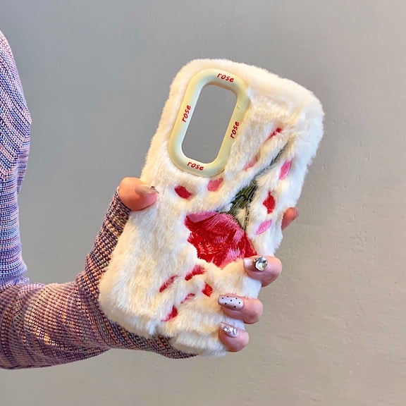Compatible with Samsung Galaxy S24 Plush Case ,With Kickstand,for Women Girls Soft Warm Rose Petal Embroidery Fluffy Furry Winter Fur Shockproof Anti-fall Phone Case Cover,White