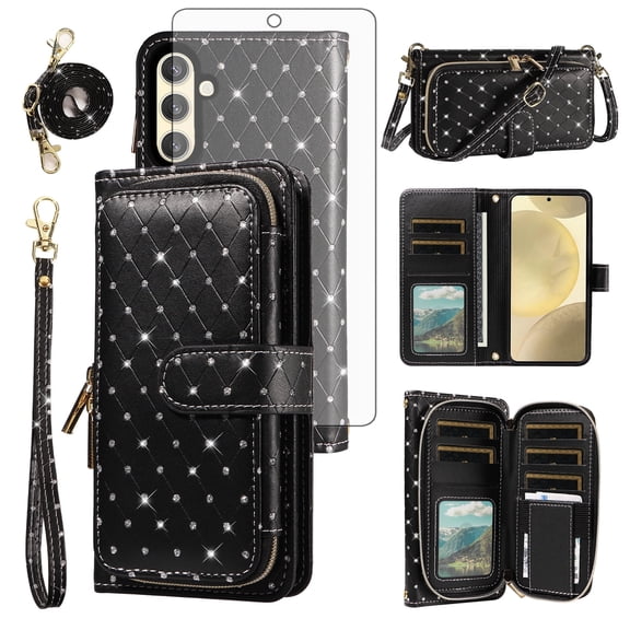 Compatible with Samsung Galaxy S24/S25 5G Wallet Phone Case Tempered Glass Screen Protector Bling Glitter Crossbody Lanyard Strap Flip Zipper Purse Card Holder Cell Cover for S 24 24S 25S Women Black