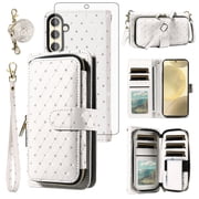 Compatible with Samsung Galaxy S24/S25 5G Wallet Phone Case Tempered Glass Screen Protector Bling Glitter Crossbody Lanyard Strap Flip Zipper Purse Card Holder 