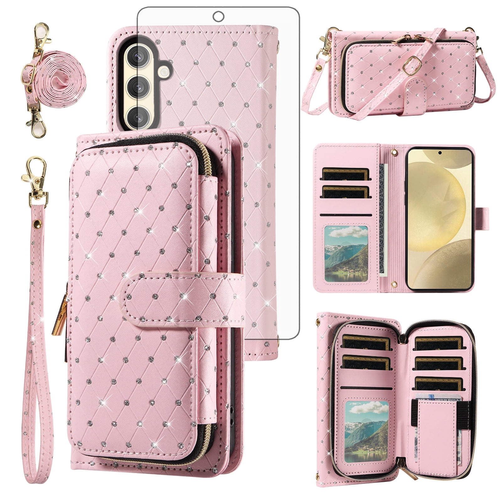 Compatible with Samsung Galaxy S24/S25 5G Wallet Phone Case Tempered Glass Screen Protector Bling Glitter Crossbody Lanyard Strap Flip Zipper Purse Card Holder Cell Cover for S 24 24S 25S Women Pink