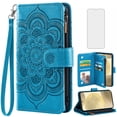 thumbnail image 1 of Compatible with Samsung Galaxy S24/S25 5G Wallet Phone Case and Tempered Glass Screen Protector Flower Faux Leather Flip Credit Card Holder Stand Zipper Cell Cover for S 24 24S 25 25S G5 Women Blue, 1 of 9