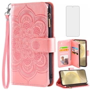 Compatible with Samsung Galaxy S24/S25 5G Wallet Phone Case and Tempered Glass Screen Protector Flower Faux Leather Flip Credit Card Holder Stand Zipper Cell Co