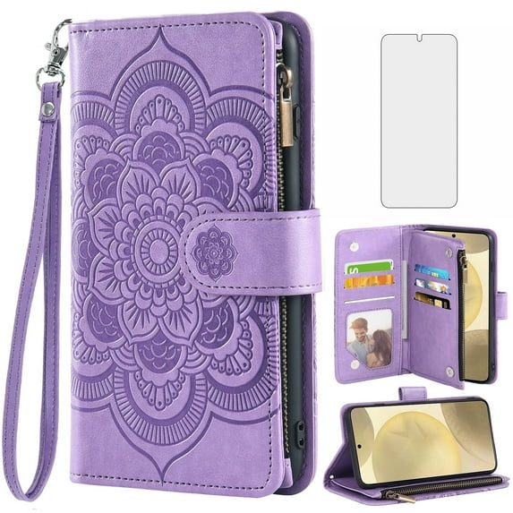 Compatible with Samsung Galaxy S24/S25 5G Wallet Phone Case and Tempered Glass Screen Protector Flower Faux Leather Flip Credit Card Holder Stand Zipper Cell Cover for S 24 24S 25 25S G5 Women Purple