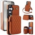 thumbnail image 1 of Compatible with Samsung Galaxy S24/S25 5G Wallet Phone Case Tempered Glass Screen Protector Wrist Crossbody Strap Stand Credit Card Holder RFID Slot Cell Cover for S 24 24S 25 25S Women Girls Brown, 1 of 10