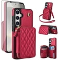 thumbnail image 1 of Compatible with Samsung Galaxy S24/S25 5G Wallet Phone Case Tempered Glass Screen Protector Wrist Crossbody Strap Stand Credit Card Holder RFID Slot Cell Cover for S 24 24S 25 25S Women Girls Red, 1 of 10