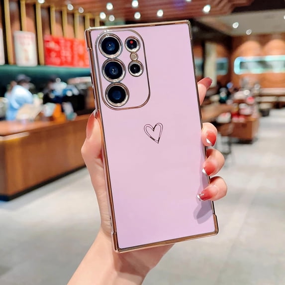 Compatible with Samsung Galaxy S24 Ultra 5G Case for Women Cute Luxury Love Heart Pattern Design Full Camera Protection Soft TPU Reinforced Corners Protective Plating Edge Phone Case, Purple