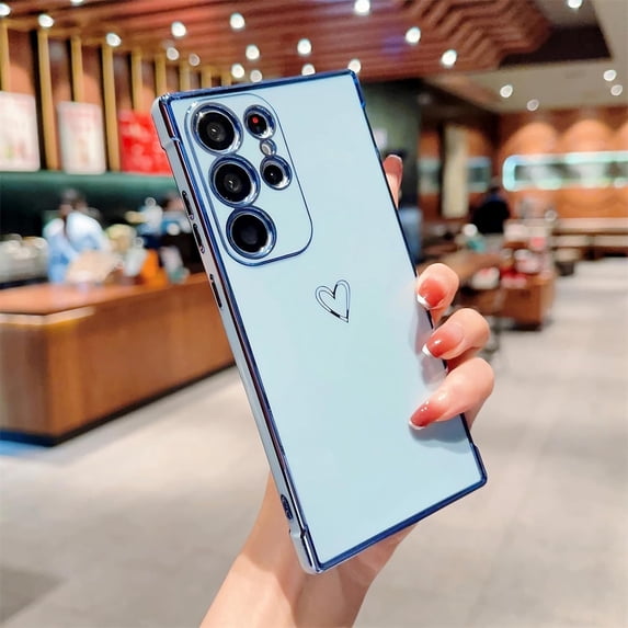 Compatible with Samsung Galaxy S24 Ultra 5G Case for Women Cute Luxury Love Heart Pattern Design Full Camera Protection Soft TPU Reinforced Corners Protective Plating Edge Phone Case - Blue