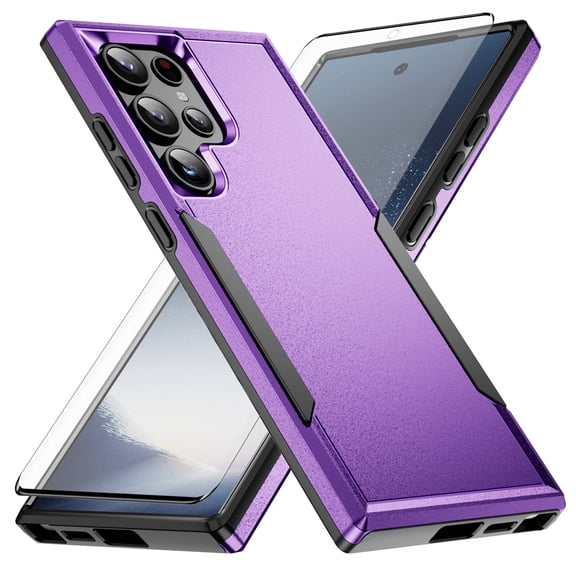 Compatible with Samsung Galaxy S24 Ultra 5G Phone Case Glass Screen Protector Hybrid Rugged Shockproof Hard Protective Drop Proof Full Body Heavy Duty Mobile Cell Cover for S24Ultra 24S S 24U Purple