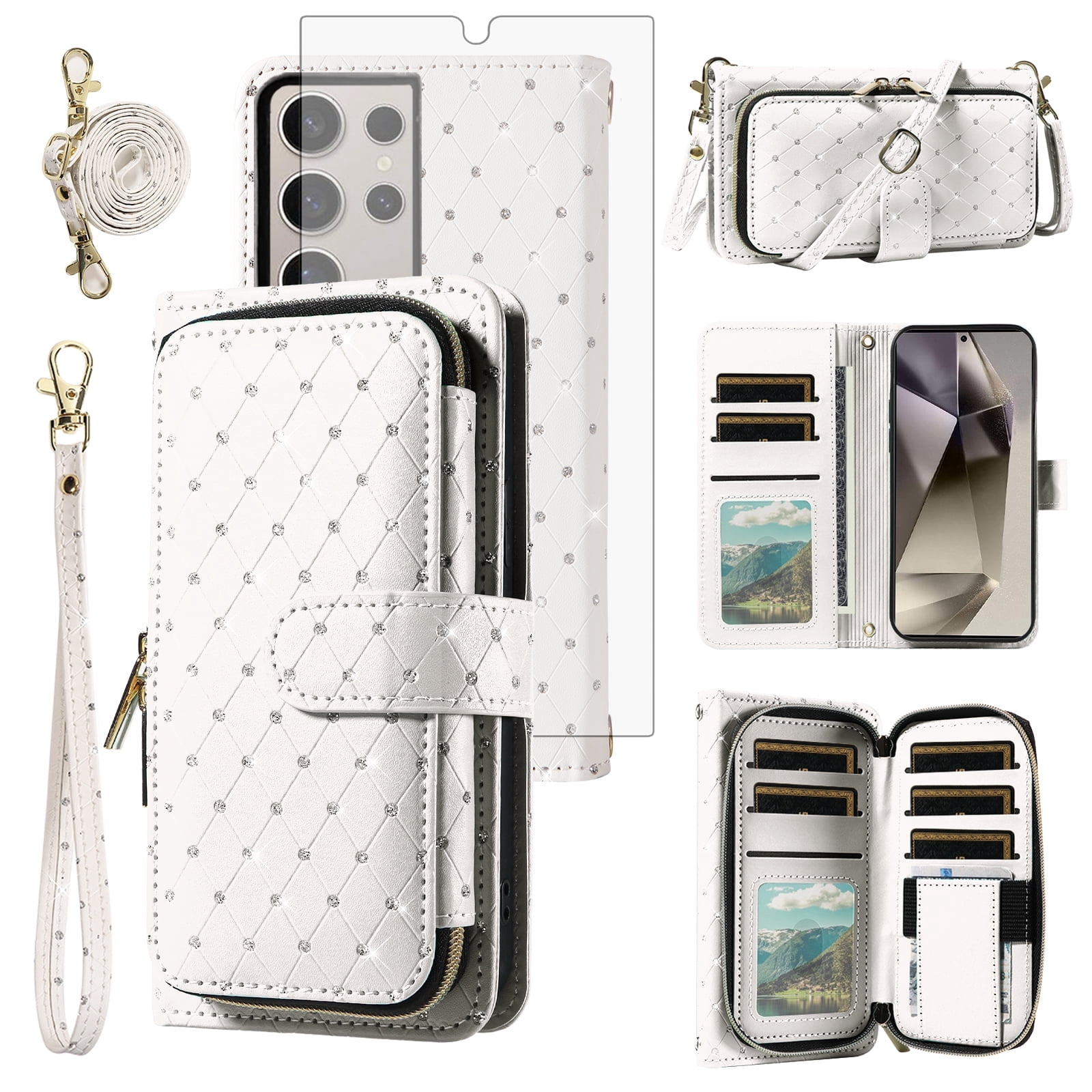 Compatible with Samsung Galaxy S24 Ultra 5G Wallet Phone Case Tempered Glass Screen Protector Bling Glitter Crossbody Lanyard Strap Flip Zipper Purse Card Holder Cell Cover for S24Ultra 24S 24u White