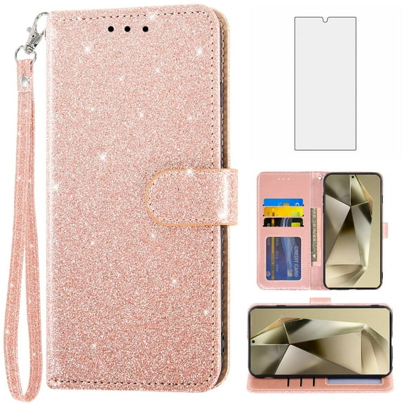 Compatible with Samsung Galaxy S24 Ultra 5G Wallet Phone Case and Tempered Glass Screen Protector Flip Credit Card Holder Stand Bling Glitter Cell Cover for S24Ultra 24S S 24 24Ultra Women Pink