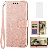 Compatible with Samsung Galaxy S24 Ultra 5G Wallet Phone Case and Tempered Glass Screen Protector Flip Credit Card Holder Stand Bling Glitter Cell Cover for S24Ultra 24S S 24 24Ultra Women Pink
