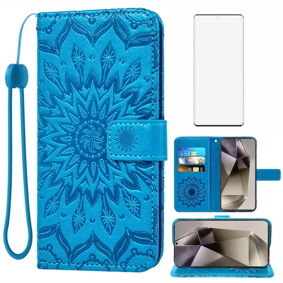 Compatible with Samsung Galaxy S24 Ultra 5G Wallet Phone Case and Tempered Glass Screen Protector Flip Credit Card Holder Stand Mandala Flower Cell Cover for S24Ultra 24S S24 24Ultra Women Men Blue