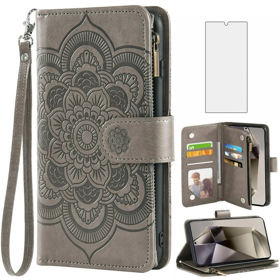 Compatible with Samsung Galaxy S24 Ultra 5G Wallet Phone Case and Tempered Glass Screen Protector Flower Faux Leather Flip Credit Card Holder Stand Zipper Cell Cover for S24Ultra S 24 24Ultra Grey
