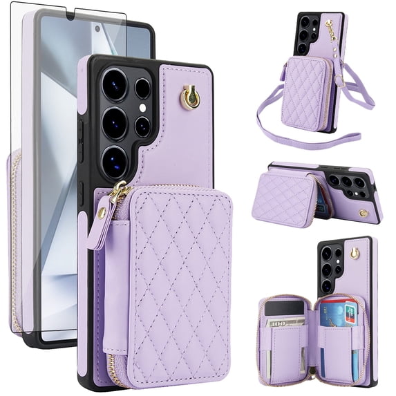 Compatible with Samsung Galaxy S24 Ultra 5G Wallet Phone Case Tempered Glass Screen Protector Wrist Crossbody Strap Stand Credit Card Holder RFID Slot Cell Cover for S24Ultra S 24U Women Girls Purple