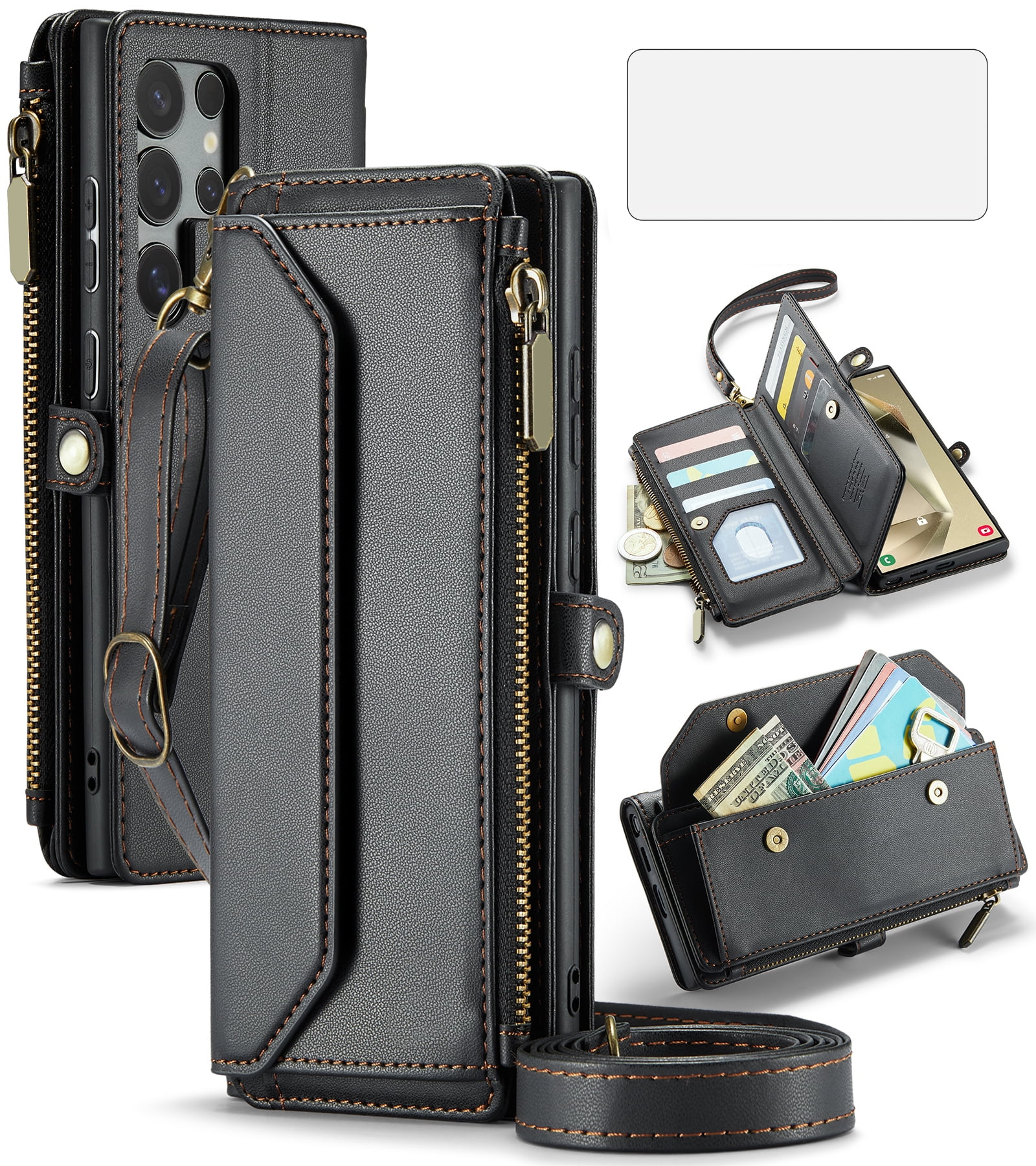 Compatible with Samsung Galaxy S24 Ultra 5G Zipper Wallet Phone Case Tempered Glass Screen Protector Crossbody Lanyard Strap Flip Card Holder Slot Cell Cover for S24Ultra 24S S 24 24Ultra Women Black