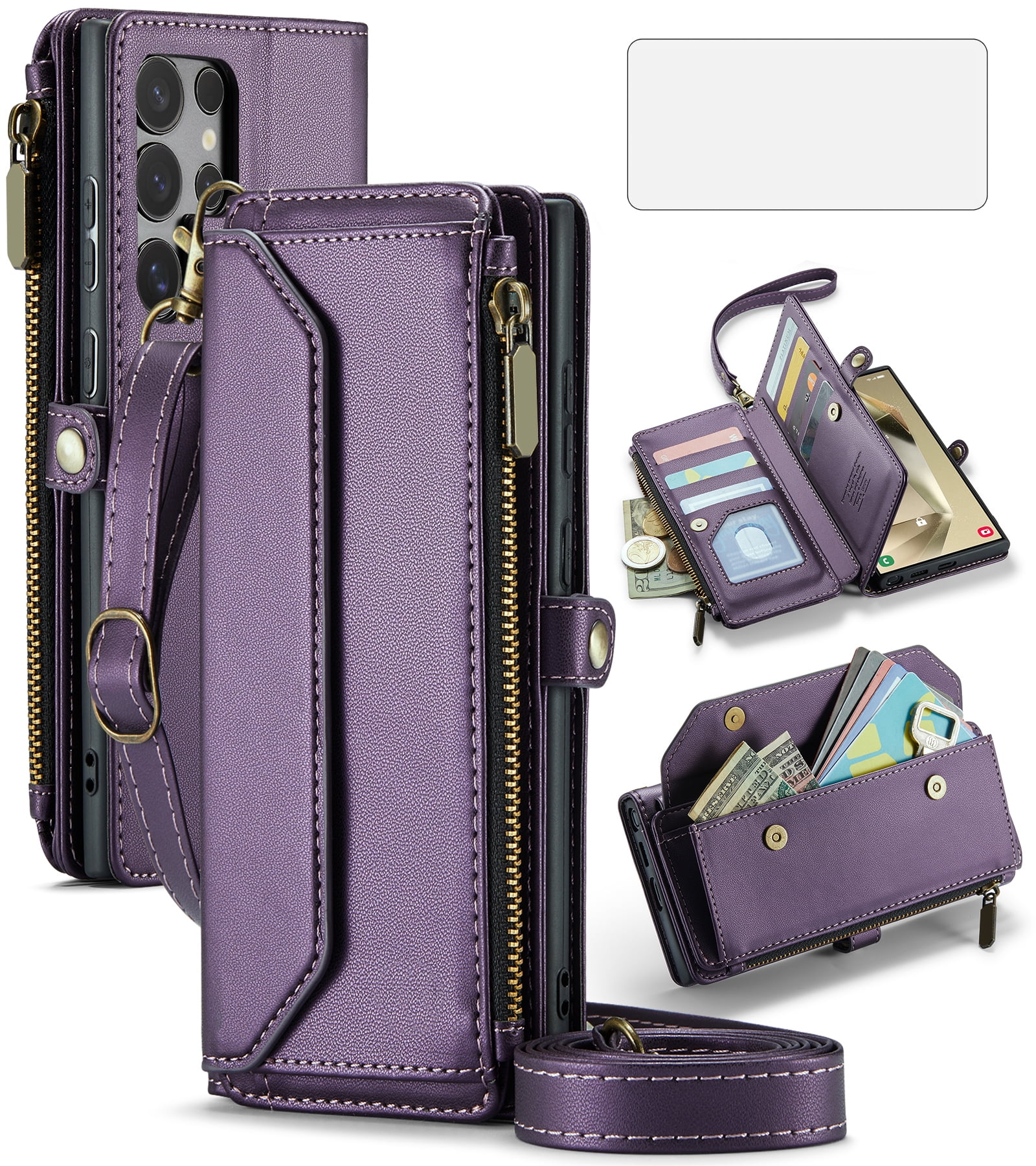 Compatible with Samsung Galaxy S24 Ultra 5G Zipper Wallet Phone Case Tempered Glass Screen Protector Crossbody Lanyard Strap Flip Card Holder Slot Cell Cover for S24Ultra 24S S24 24Ultra Women Purple