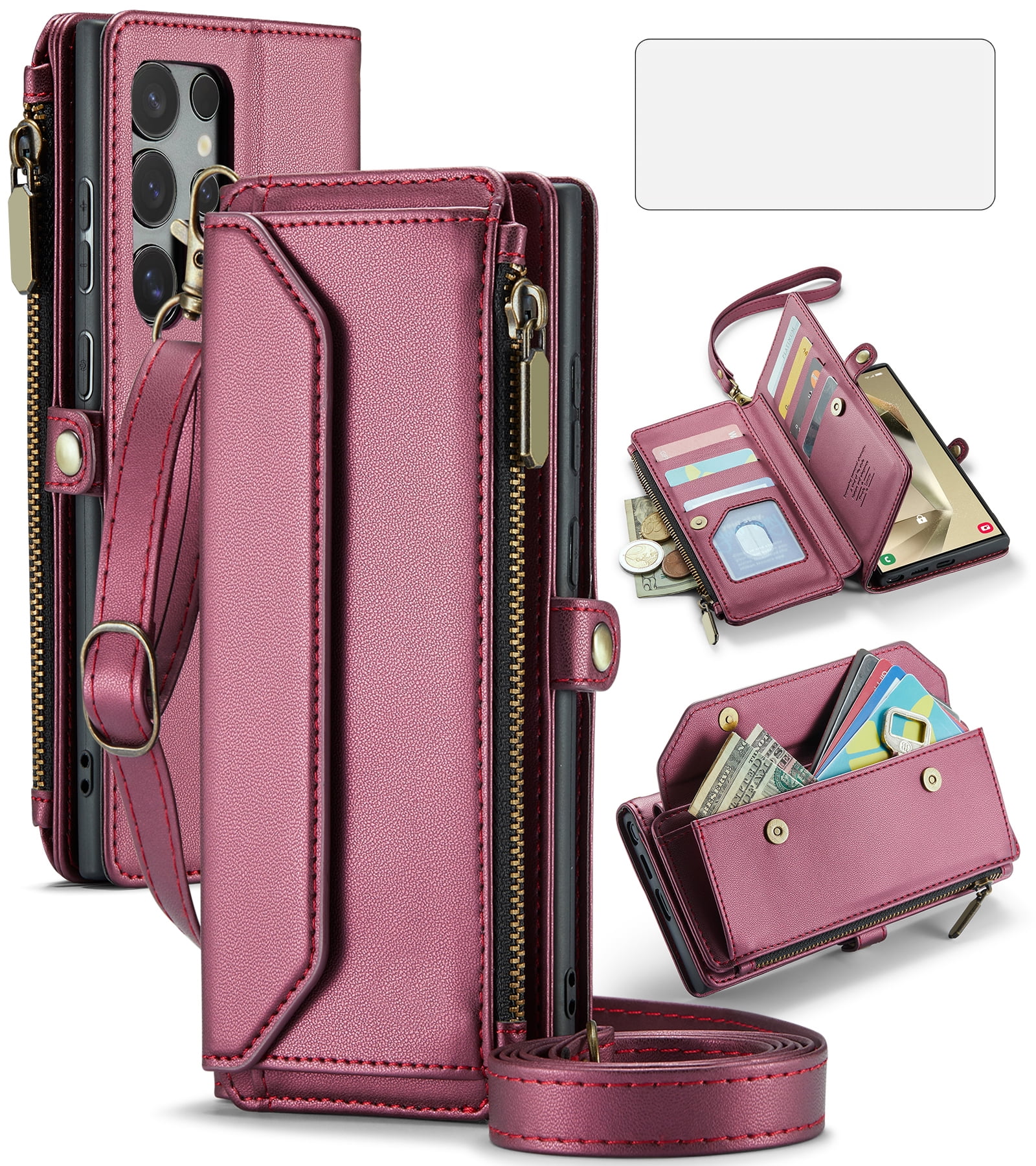 Compatible with Samsung Galaxy S24 Ultra 5G Zipper Wallet Phone Case Tempered Glass Screen Protector Crossbody Lanyard Strap Flip Card Holder Slot Cell Cover for S24Ultra 24S S 24 24U Women Wine Red