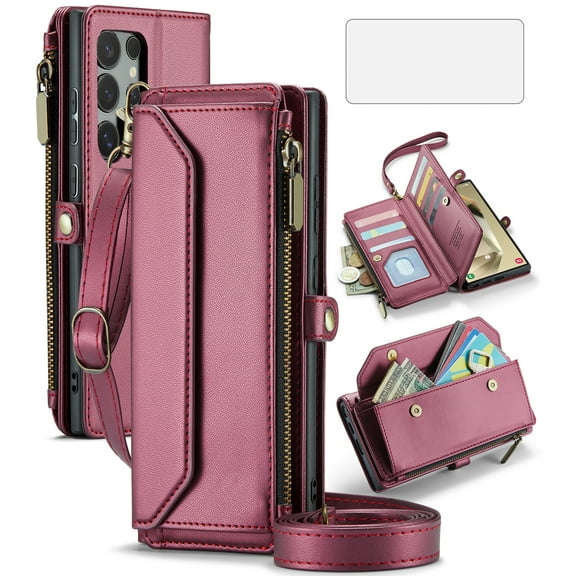 Compatible with Samsung Galaxy S24 Ultra 5G Zipper Wallet Phone Case Tempered Glass Screen Protector Crossbody Lanyard Strap Flip Card Holder Slot Cell Cover for S24Ultra 24S S 24 24U Women Wine Red