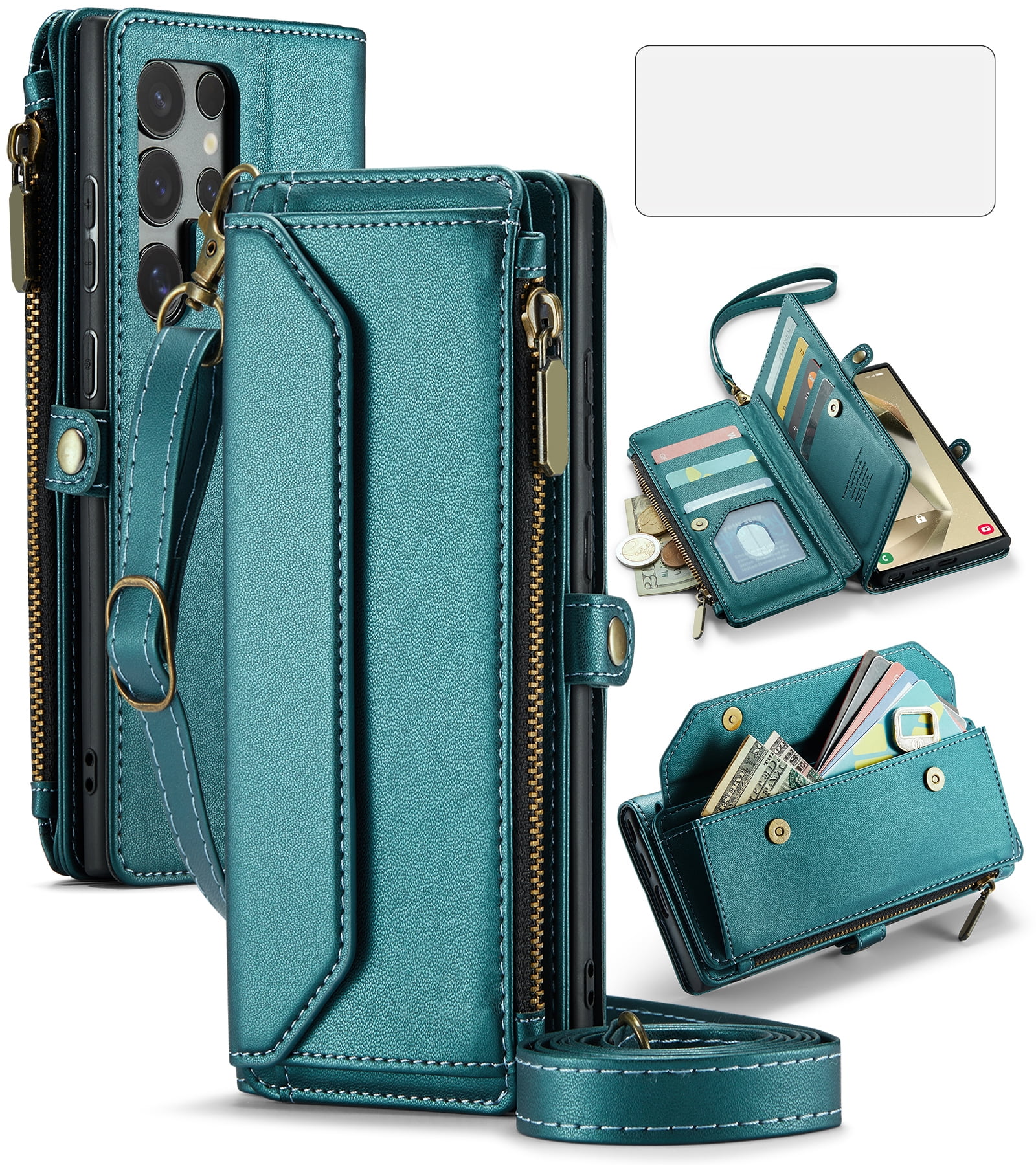 Compatible with Samsung Galaxy S24 Ultra 5G Zipper Wallet Phone Case Tempered Glass Screen Protector Crossbody Lanyard Strap Flip Card Holder Slot Cell Cover for S24Ultra 24S S 24 24Ultra Women Green