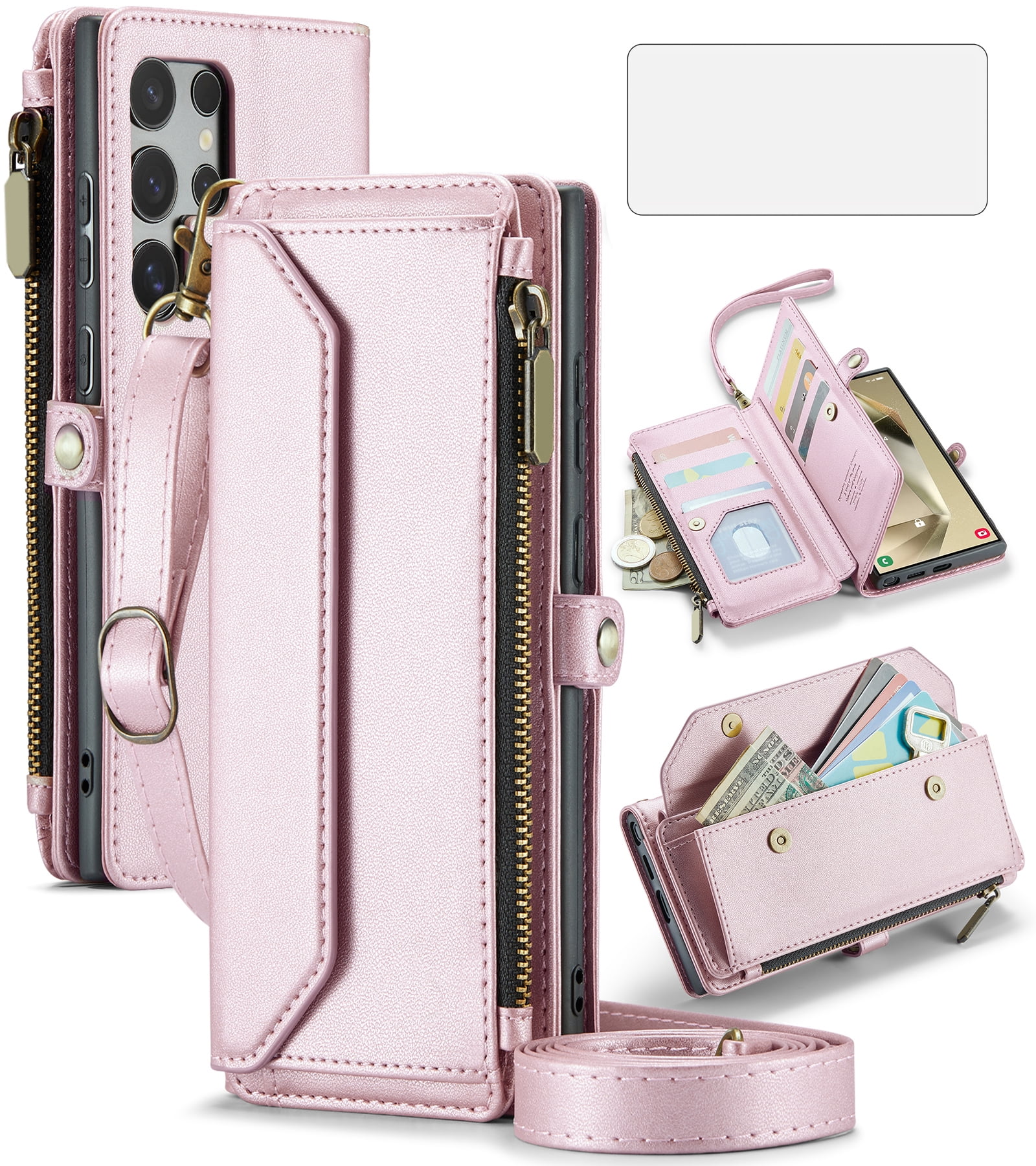 Compatible with Samsung Galaxy S24 Ultra 5G Zipper Wallet Phone Case Tempered Glass Screen Protector Crossbody Lanyard Strap Flip Card Holder Slot Cell Cover for S24Ultra 24S S 24 24U Women Rose Gold