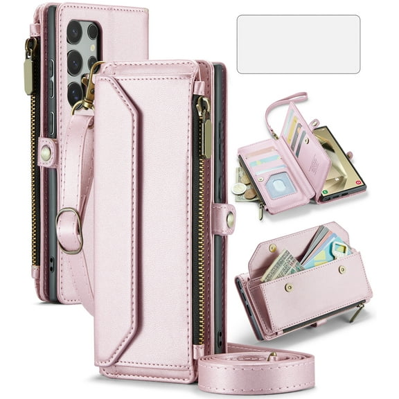 Compatible with Samsung Galaxy S24 Ultra 5G Zipper Wallet Phone Case Tempered Glass Screen Protector Crossbody Lanyard Strap Flip Card Holder Slot Cell Cover for S24Ultra 24S S 24 24U Women Rose Gold
