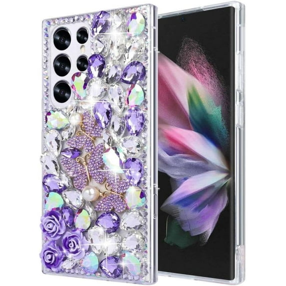 Compatible with Samsung Galaxy S24 Ultra Bling Diamond Case Luxury Glitter Shiny Sparkly 3D Butterfly Flower Crystal Rhinestones Phone Case for Women Girly Slim Shockproof Phone Cover, Purple