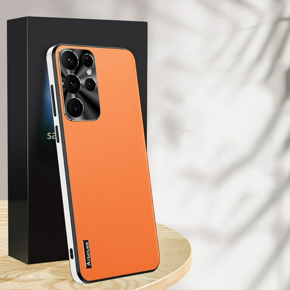 Compatible with Samsung Galaxy S24 Ultra Case, with Camera Lens Protector, Luxury Vegan PU Leather Back Slim Thin Matte Business Phone Case Cover for Men and Women for Samsung Galaxy S24 Ultra, Orange