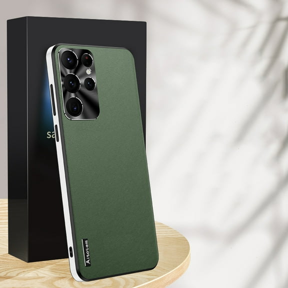 Compatible with Samsung Galaxy S24 Ultra Case, with Camera Lens Protector, Luxury Vegan PU Leather Back Slim Thin Matte Business Phone Case Cover for Men and Women for Samsung Galaxy S24 Ultra, Green