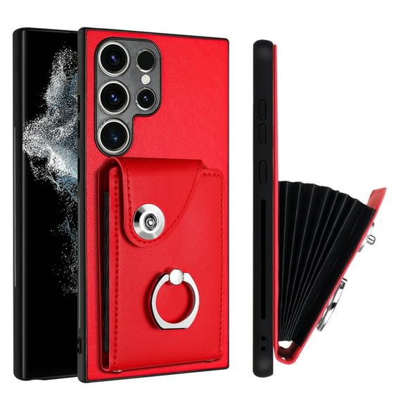 Compatible for Samsung Galaxy S24 Ultra Case with Card Holder, Wallet Case for Women Men with Rotation Finger Ring Stand, Accordion Style PU Leather Shockproof Case for Galaxy S24 Ultra, Red