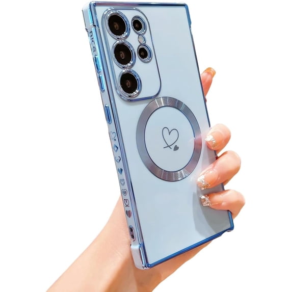 Compatible with Samsung Galaxy S24 Ultra Case, Cute Haert Cover Compatible with MagSafe Case Luxury Plating Design Soft TPU Shockproof Edge Phone Case Compatible with Galaxy S24 Ultra (Blue)