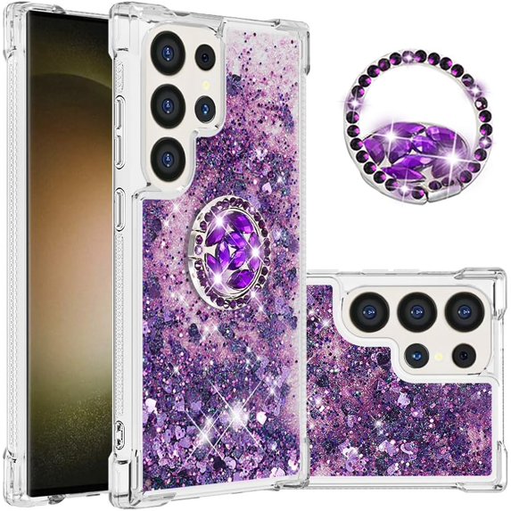 Compatible with Samsung Galaxy S24 Ultra Case Girls Women Galaxy S24 Ultra Case Glitter Liquid Cute Clear with Kickstand Diamond Ring Shockproof Case for Samsung Galaxy S24 Ultra Purple YBR