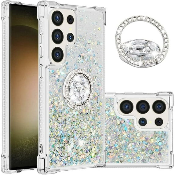 Compatible with Samsung Galaxy S24 Ultra Case Girls Women Galaxy S24 Ultra Case Glitter Liquid Cute Clear with Kickstand Diamond Ring Shockproof Case for Samsung Galaxy S24 Ultra Sliver YBR