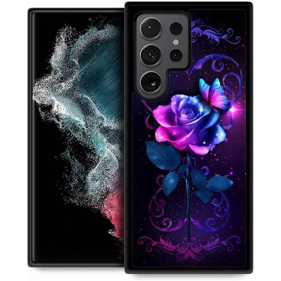 Compatible with Samsung Galaxy S24 Ultra Case,Pattern Design Hard PC Back Cover Non-Slip Soft TPU Protective Case for Samsung Galaxy S24 Ultra for Women 6.8inch-Love Rose Butterfly