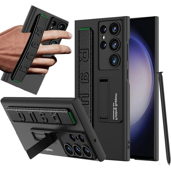 Compatible Samsung Galaxy S24 Ultra Case with Strap & Kickstand,Ultra Slim & Thin Shockproof Hard PC Matte Cover Protective Wristband Phone Case for Samsung S24 Ultra Case with Stand Men Black