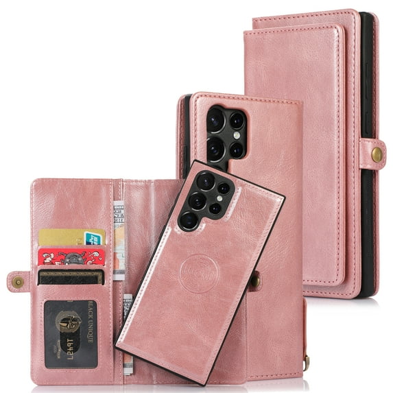 Compatible with Samsung Galaxy S24 Ultra Detachable Wallet Case, Premium PU Leather Zipper Folio RFID Blocking with Card Slot Wrist Strap Magnetic Closure Built-in Kickstand Protective Case, Rosegold