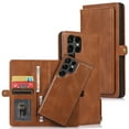 thumbnail image 1 of Compatible with Samsung Galaxy S24 Ultra Detachable Wallet Case, Premium PU Leather Zipper Folio RFID Blocking with Card Slot Wrist Strap Magnetic Closure Built-in Kickstand Protective Case, Brown, 1 of 9