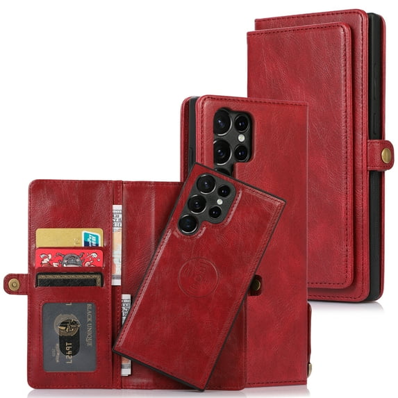 Compatible with Samsung Galaxy S24 Ultra Detachable Wallet Case, Premium PU Leather Zipper Folio RFID Blocking with Card Slot Wrist Strap Magnetic Closure Built-in Kickstand Protective Case, Red