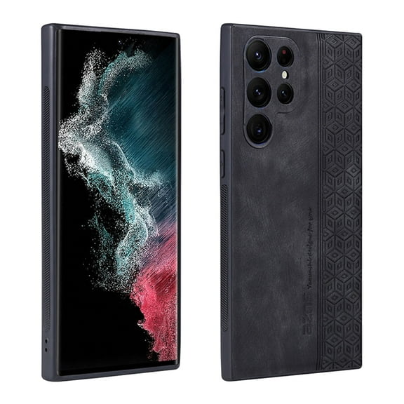 Compatible with Samsung Galaxy S24 Ultra Elegant PU Leather Embossed Case, Soft Silicone Edge Classic Shockproof Protective Cover for Samsung Galaxy S24 Ultra - Black