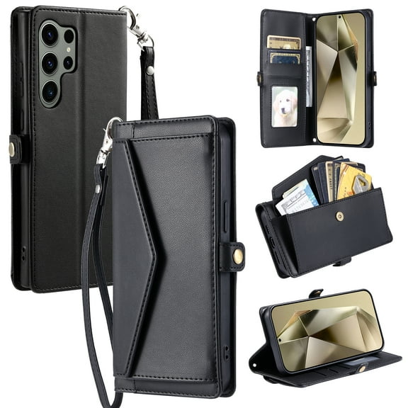 Compatible with Samsung Galaxy S24 Ultra Envelope Style Wallet Case, with Wrist Strap and Crossbody Strap, Flip Card Holder Stand Rugged Cell Phone Cover for Samsung Galaxy S24 Ultra Women Men - Black