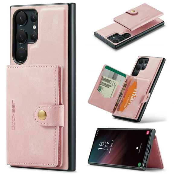 Compatible for Samsung Galaxy S24 Ultra Magsafe 2 in 1 Detachable Wallet Case Card Holder Women Men,Magnetic PU Leather RFID Blocking Flip Kickstand Credit Slots For Samsung Galaxy S24 Ultra,Pink