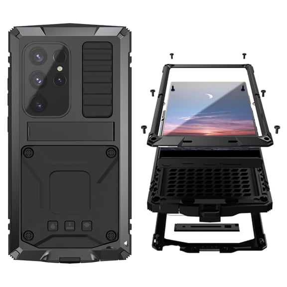 Compatible with Samsung Galaxy S24 Ultra Metal Bumper Heavy Duty Case with Stand Gorilla Glass Camera Cover Hybrid Durable Military Rugged Shockproof Rugged Full Body Outdoor
